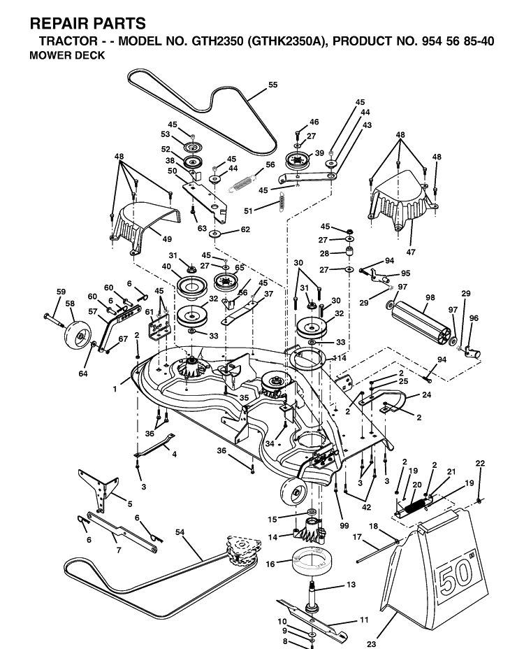 Mower Deck / Cutting Deck Diagram and Parts List for GTH2350-GTHK2350A 2002-07 Husqvarna Lawn Tractor