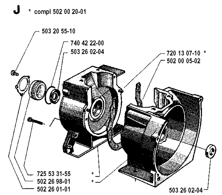 Crankcase Diagram and Parts List for 265RX 19921800001-19954500000 Husqvarna Brush Cutter