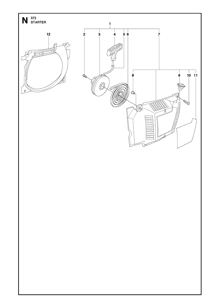 Starter Diagram and Parts List for 372 2011-05 Husqvarna Chainsaw