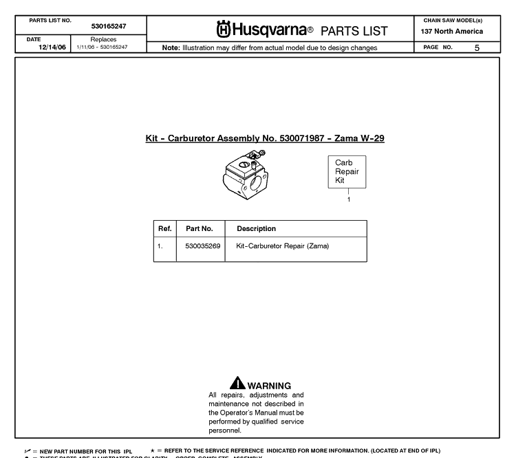 Carburetor Diagram and Parts List for 137 20064900001-20070100000 Husqvarna Chainsaw