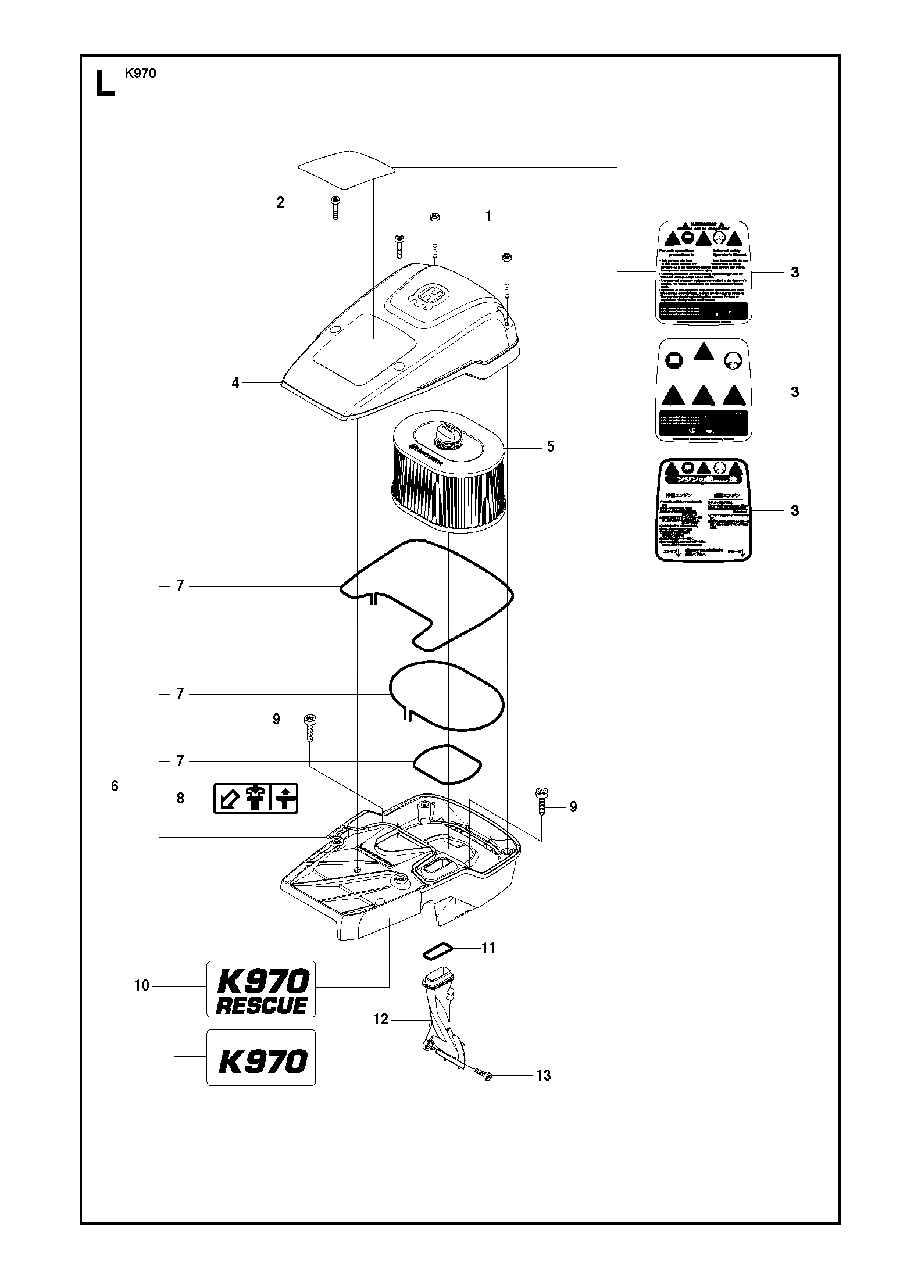 Air Filter Cover Diagram and Parts List for K970 (575697201 & Above)(2010-05) Husqvarna Circular Saw