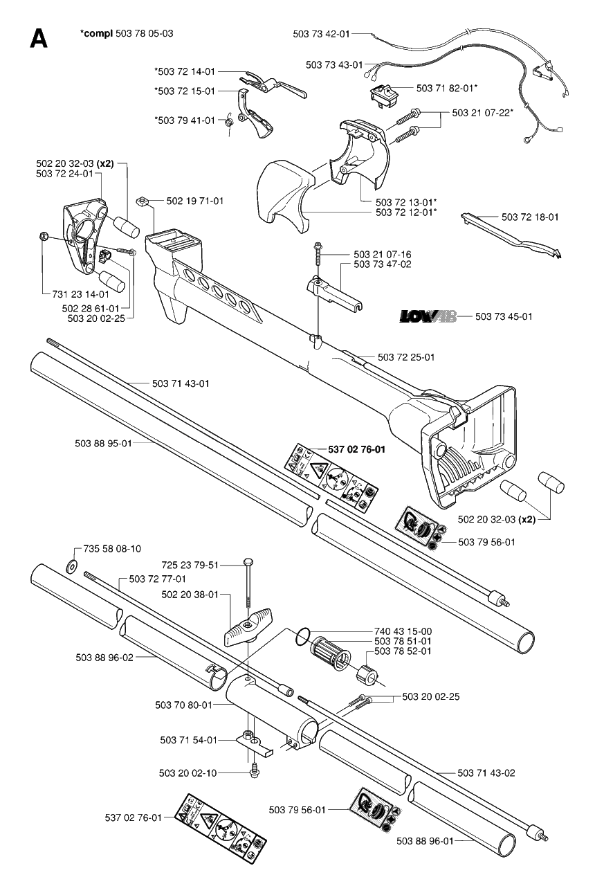 Shaft And Handle Diagram and Parts List for 225RJ 20004000001 & Above Husqvarna Trimmer