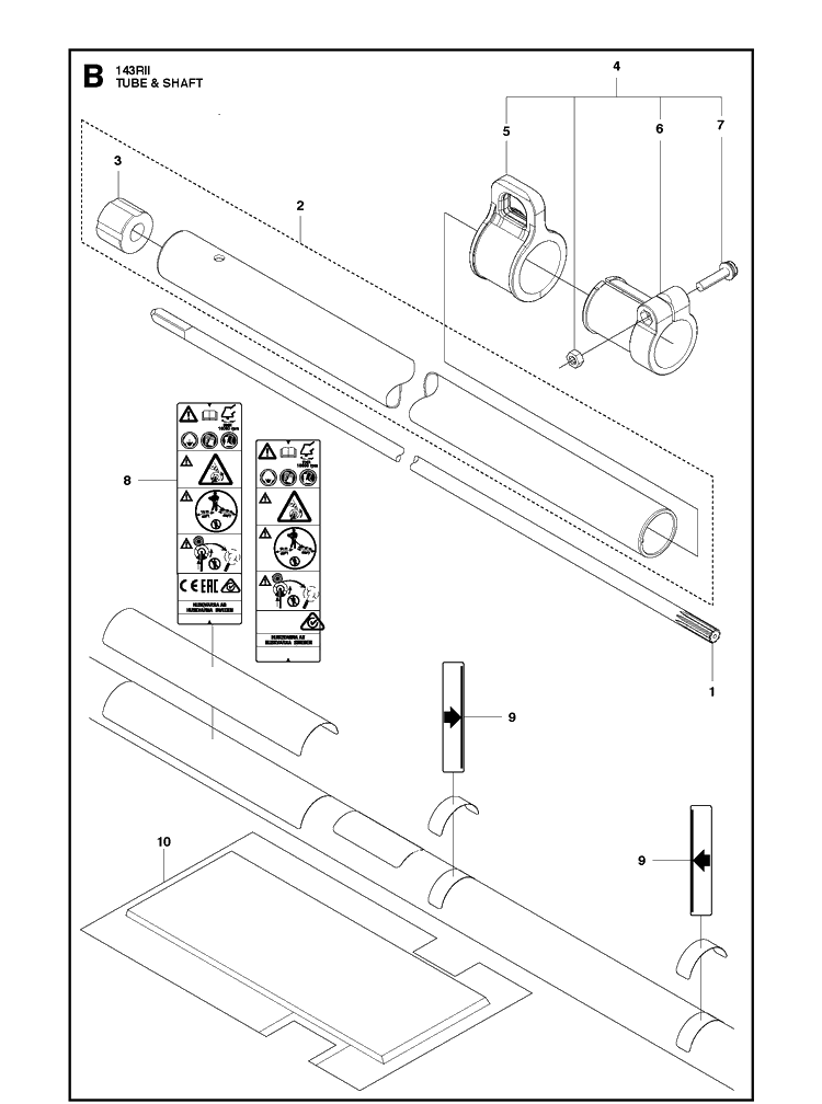Tube And Shaft Diagram and Parts List for 143RII 20090100001-20143600000 Husqvarna Brush Cutter