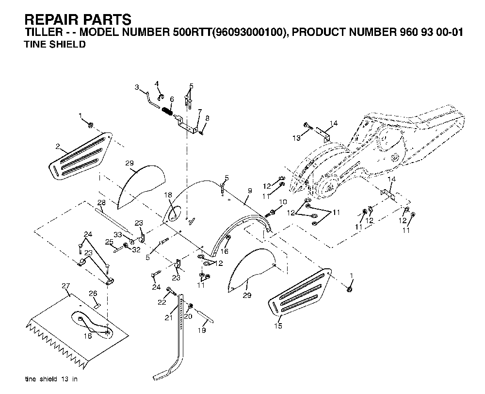 Tine Shield Diagram and Parts List for 500RTT (96093000100)(2004-11) Husqvarna Tiller
