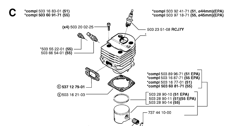 Cylinder Piston Diagram and Parts List for 55 20001900001-Current Husqvarna Chainsaw