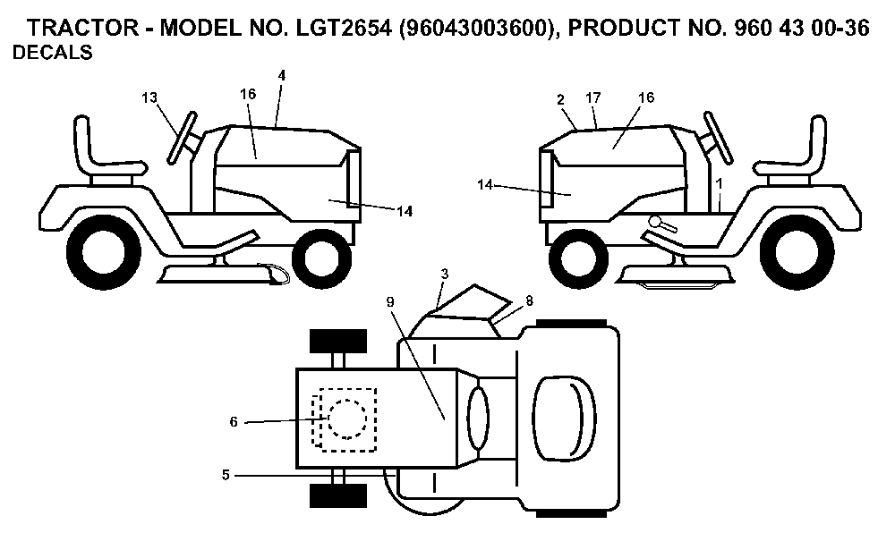 Decals Diagram and Parts List for LGT2654 (96043003600, 960430036)(2006-12) Husqvarna Lawn Tractor