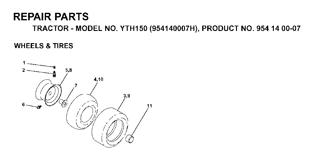 Wheels And Tires Diagram and Parts List for YTH150 (954140007H, 954140007)(1998-09) Husqvarna Lawn Tractor