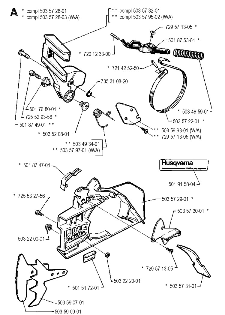 Chain Brake Diagram and Parts List for 268 19901800001-19910500000 Husqvarna Chainsaw