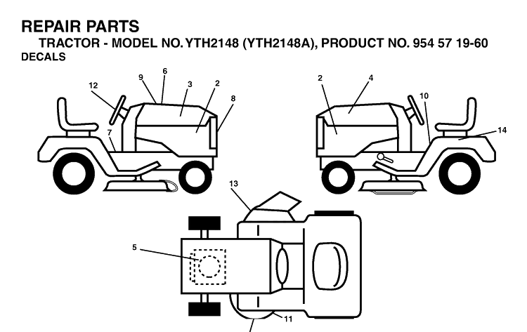 Decals Diagram and Parts List for YTH2148 (954571960)(2003-11) Husqvarna Lawn Tractor