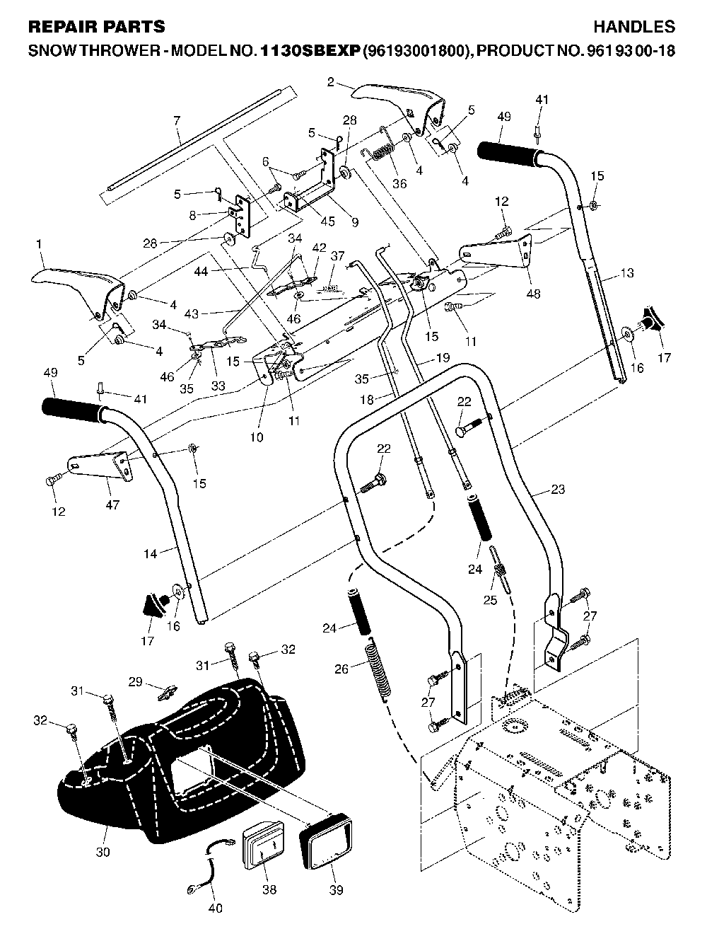 Handle And Controls Diagram and Parts List for 1130SBEXP (96193001800, 961930018)(2006-10) Husqvarna Snow Blower