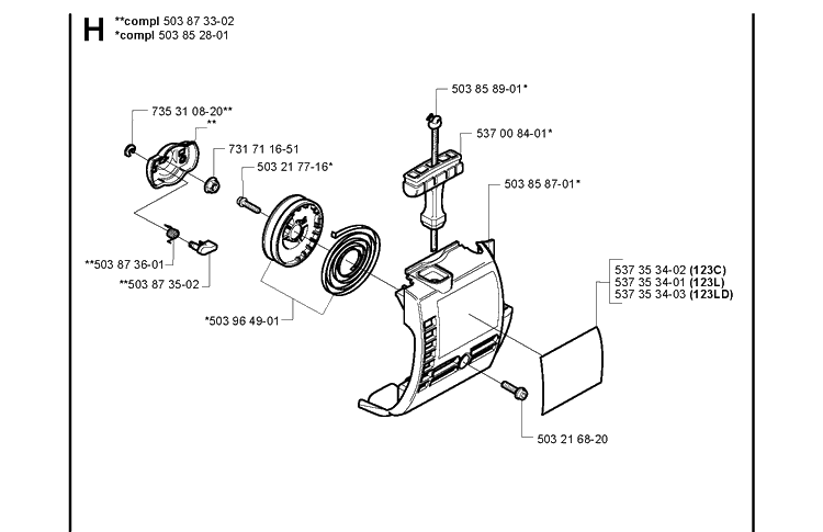 Starter Diagram and Parts List for 123L  Husqvarna Edger