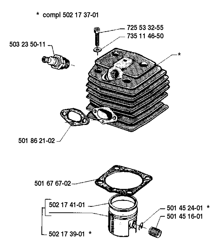 Piston/Cylinder Part 1 Diagram and Parts List for 250RX 1989-08 Husqvarna Brush Cutter