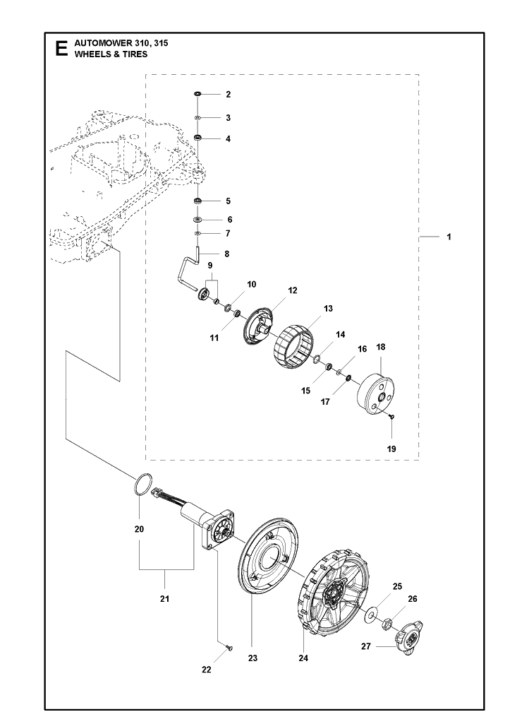 Wheels And Tires Diagram and Parts List for 310 2020 Husqvarna Lawn Mower