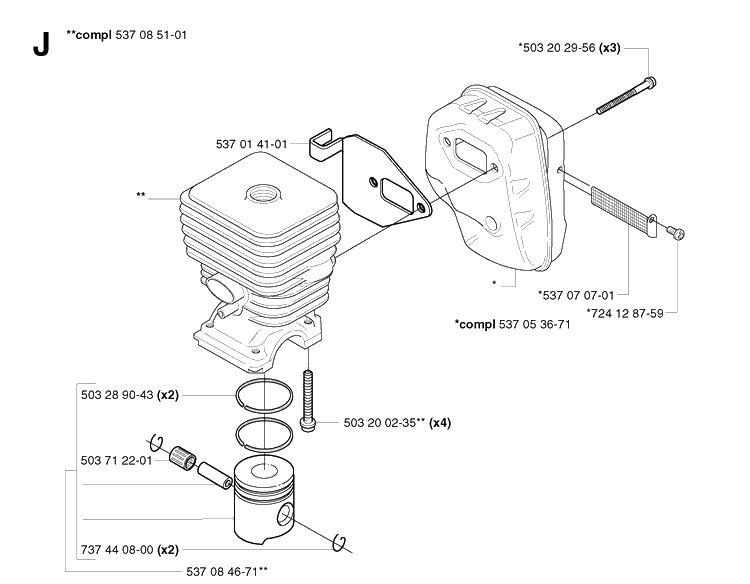 Cylinder Piston Diagram and Parts List for 326P 20021800001-20042300000 Husqvarna Pole Saw
