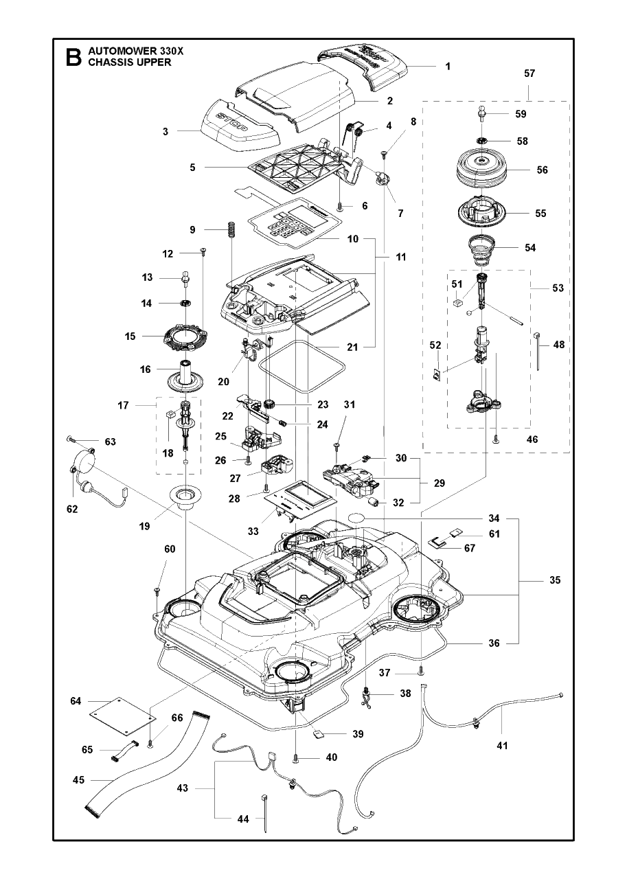 Chassis Upper Diagram and Parts List for 330X 2015-01 Husqvarna Lawn Mower