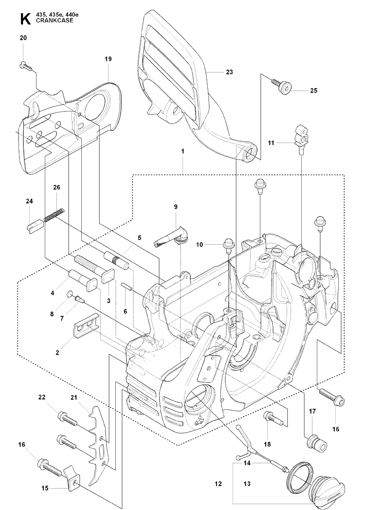 Crankcase Diagram and Parts List for 440E 20090400001-20102300000 Husqvarna Chainsaw