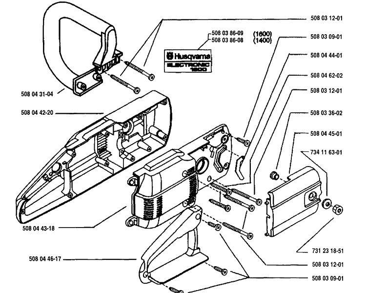 Back Plate Assembly Diagram and Parts List for ELECTRIC1400 1995-09 Husqvarna Chainsaw