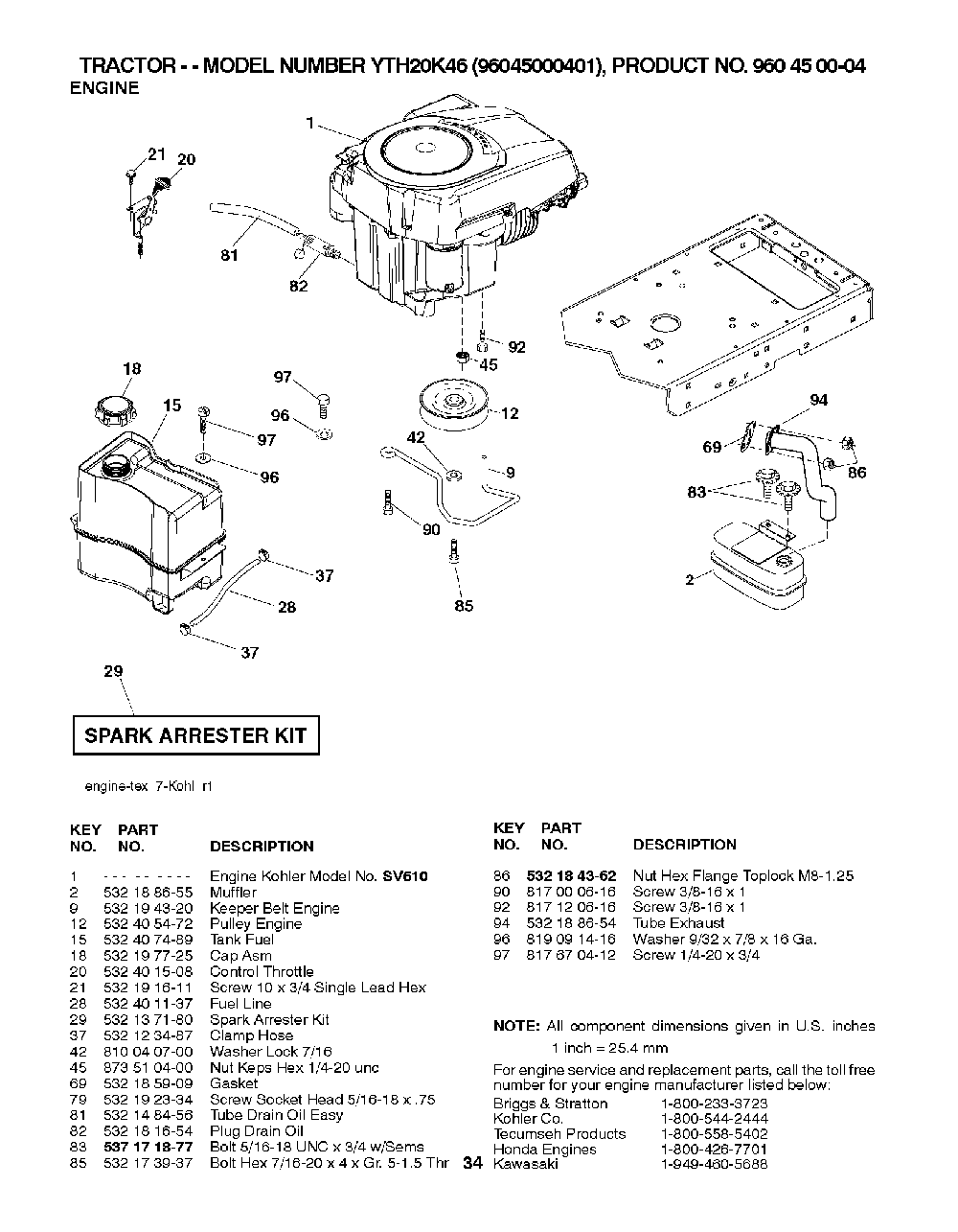 Engine Diagram and Parts List for YTH20K4696045000401 2007-07 Husqvarna Lawn Tractor