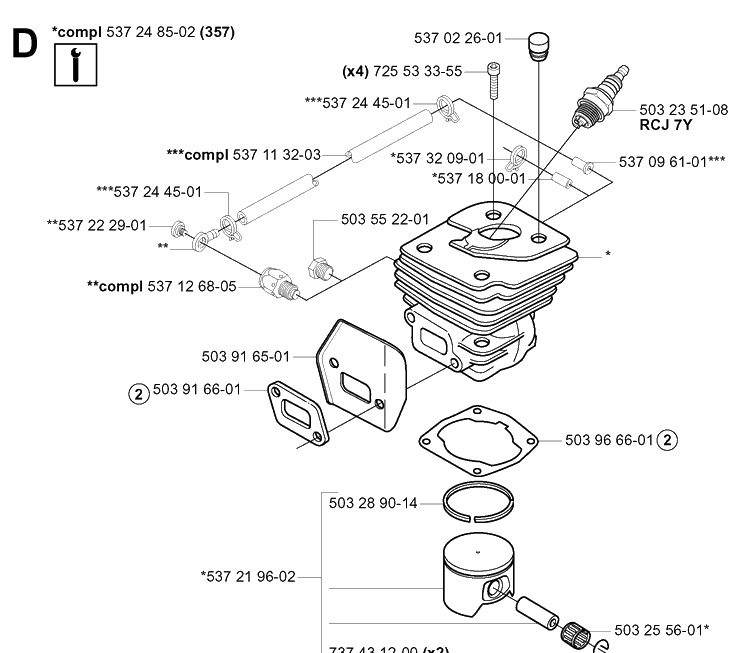 Cylinder Piston 2 Diagram and Parts List for 359 20050600001-20060600000 Husqvarna Chainsaw