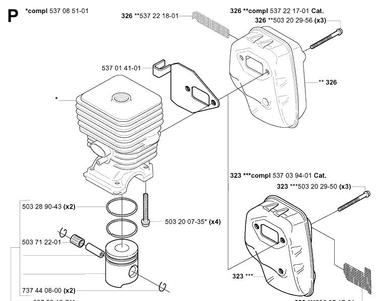 Cylinder Piston Diagram and Parts List for 326LX 20061400001-20070100000 Husqvarna Edger