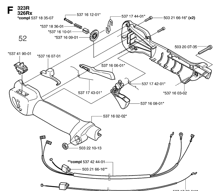 Handle And Controls Diagram and Parts List for 323R 20070100001-20144900000 Husqvarna Brush Cutter