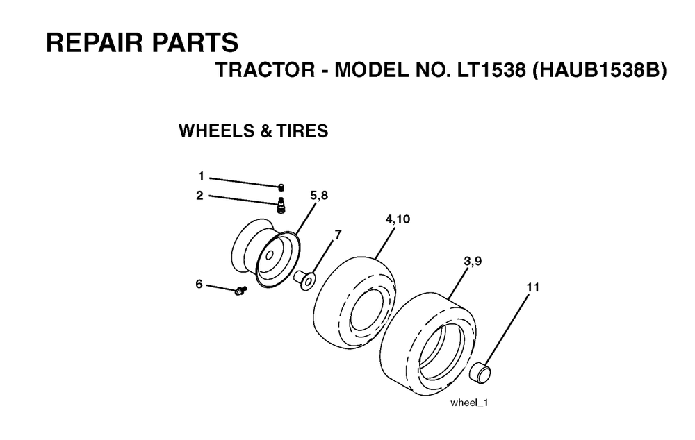 Wheels And Tires Diagram and Parts List for LT1538 (954170085-B)(2004-01) Husqvarna Lawn Tractor