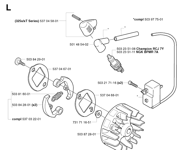 Ignition System And Clutch Diagram and Parts List for 325RDX 20020100001-20051800000 Husqvarna Brush Cutter