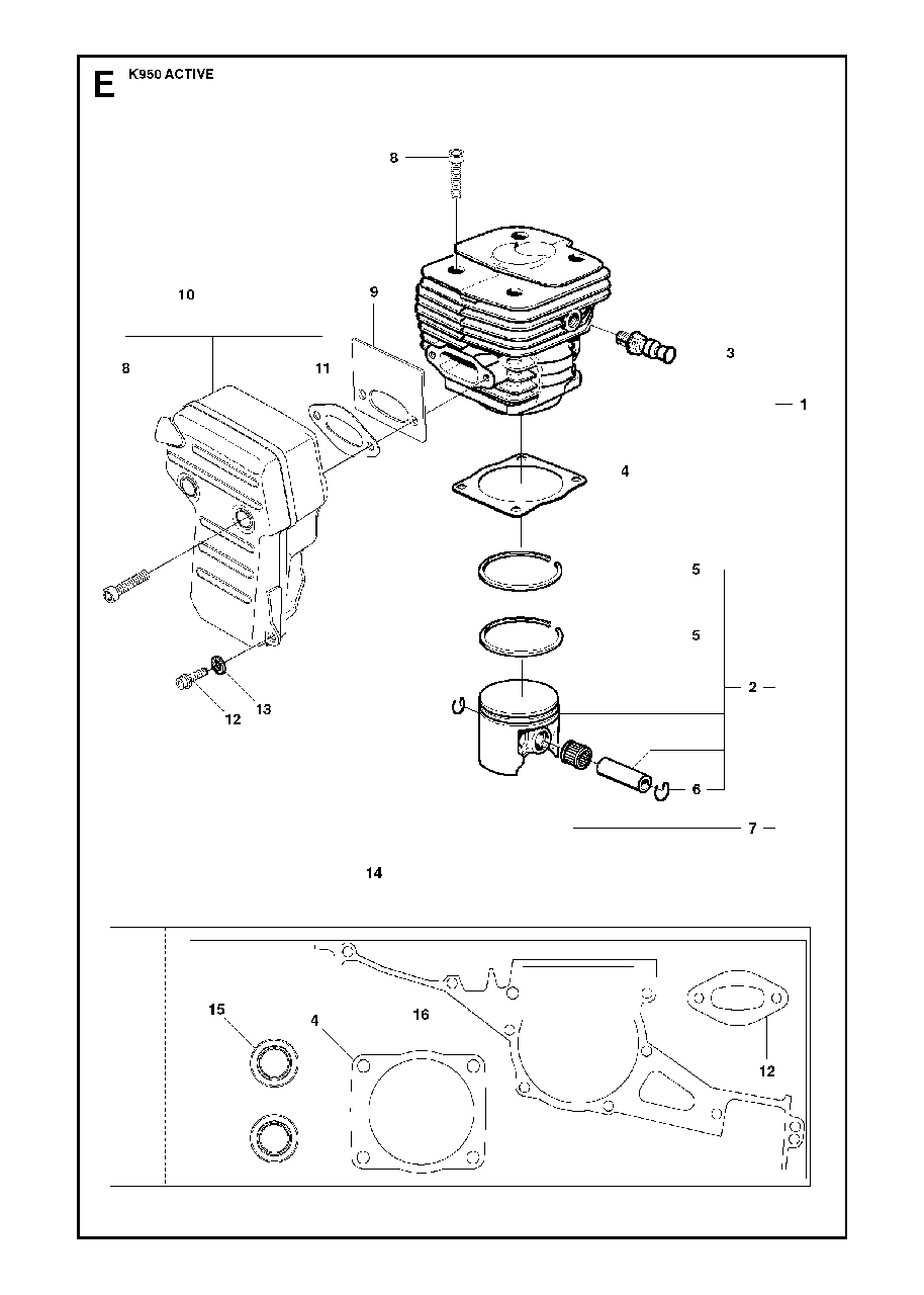 Cylinder, Piston And Muffler Diagram and Parts List for K950 2007-01 Husqvarna Circular Saw