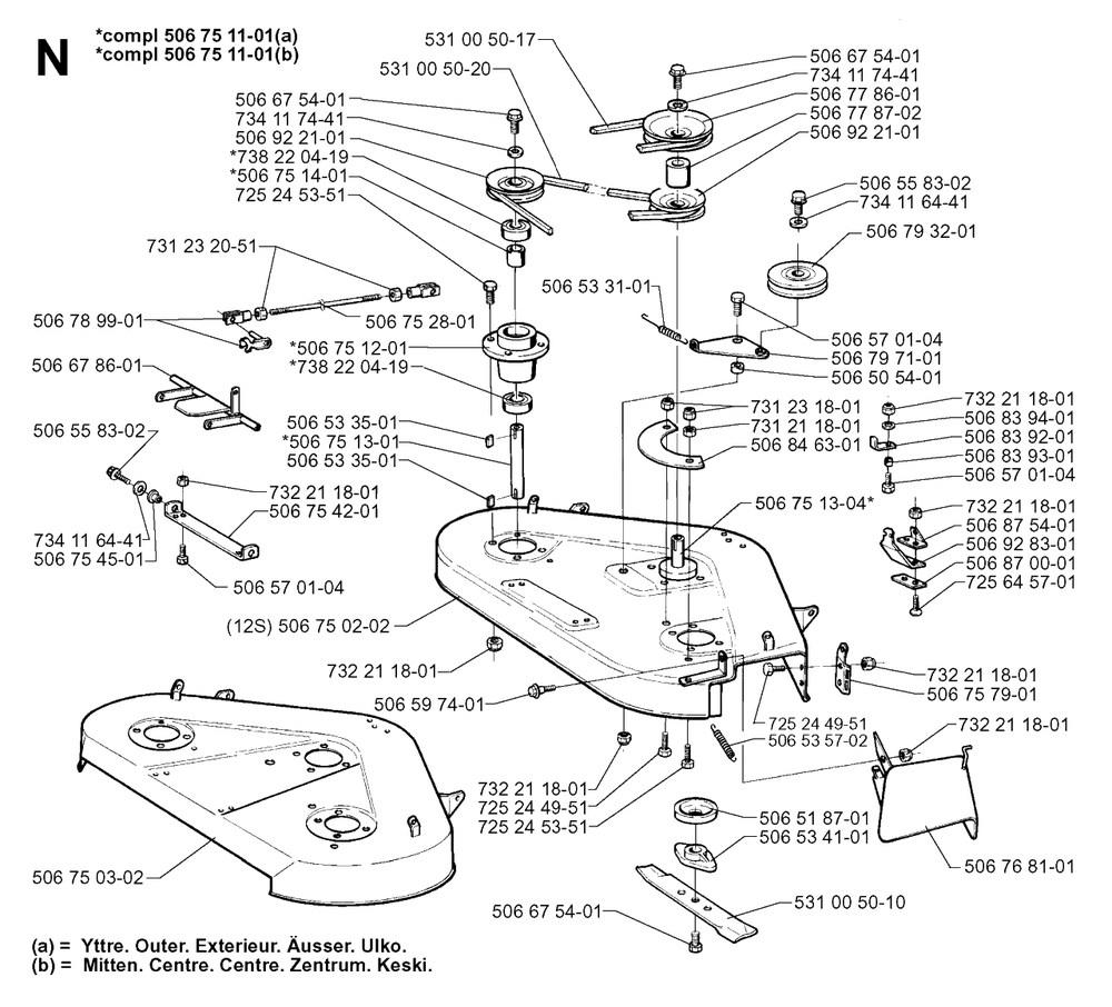 97cm Cutting Deck Diagram and Parts List for R970 1997-03 Husqvarna Lawn Tractor