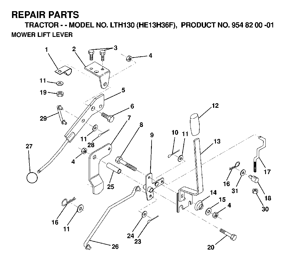 Mower Lift / Deck Lift Diagram and Parts List for LTH130 (HE13H36F, 954820001)(1998-12) Husqvarna Lawn Tractor