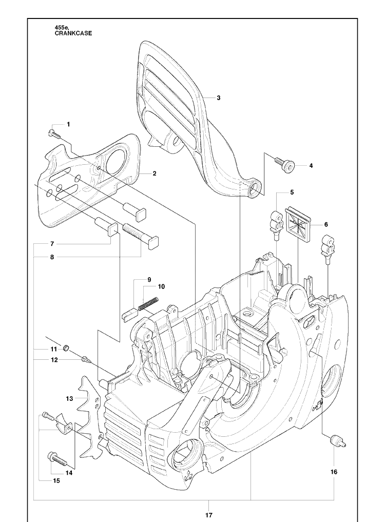 Crank Case Diagram and Parts List for 455E 2009-10 Husqvarna Chainsaw