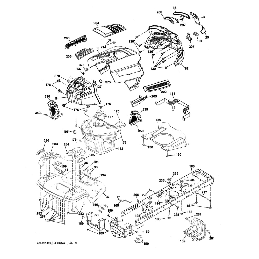 Chassis Diagram and Parts List for 96043027300  Husqvarna Lawn Tractor