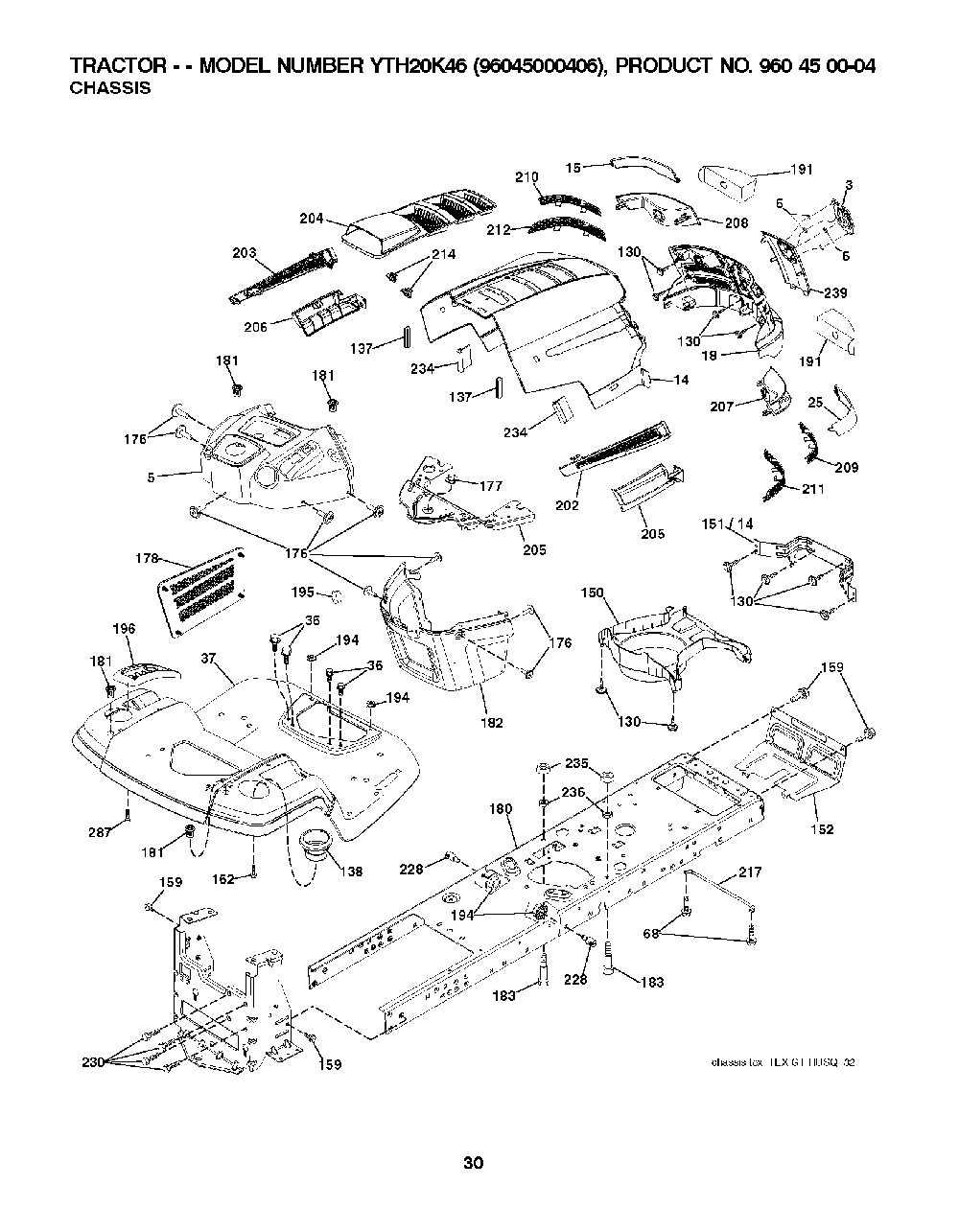 Chassis / Frame Diagram and Parts List for YTH20K4696045000406 2008-03 Husqvarna Lawn Tractor
