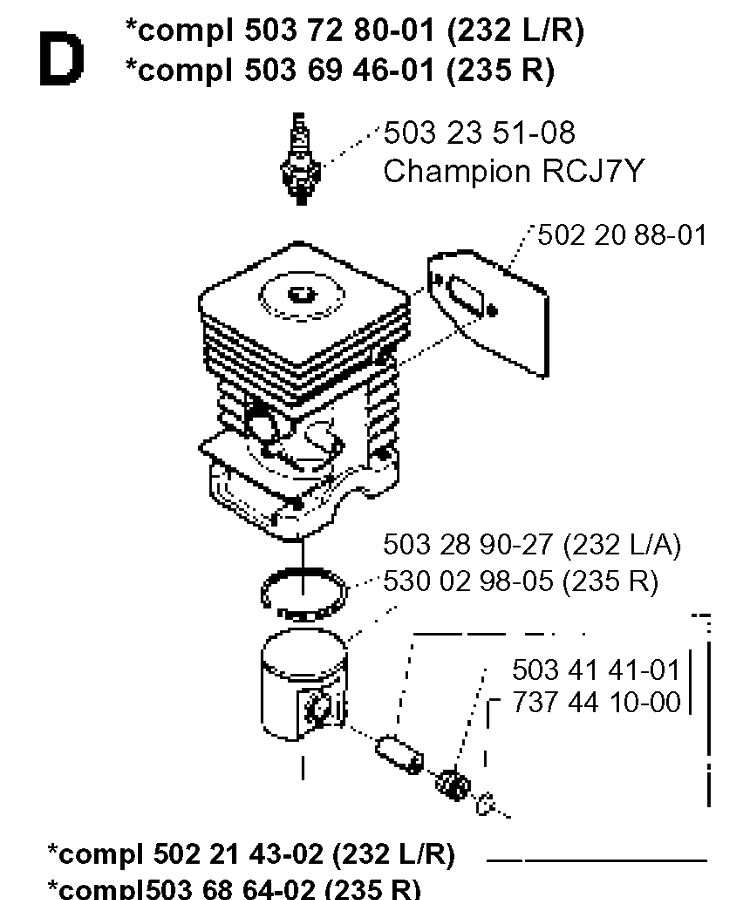 Cylinder Piston Diagram and Parts List for 232RCAT 19954500001-Current Husqvarna Brush Cutter