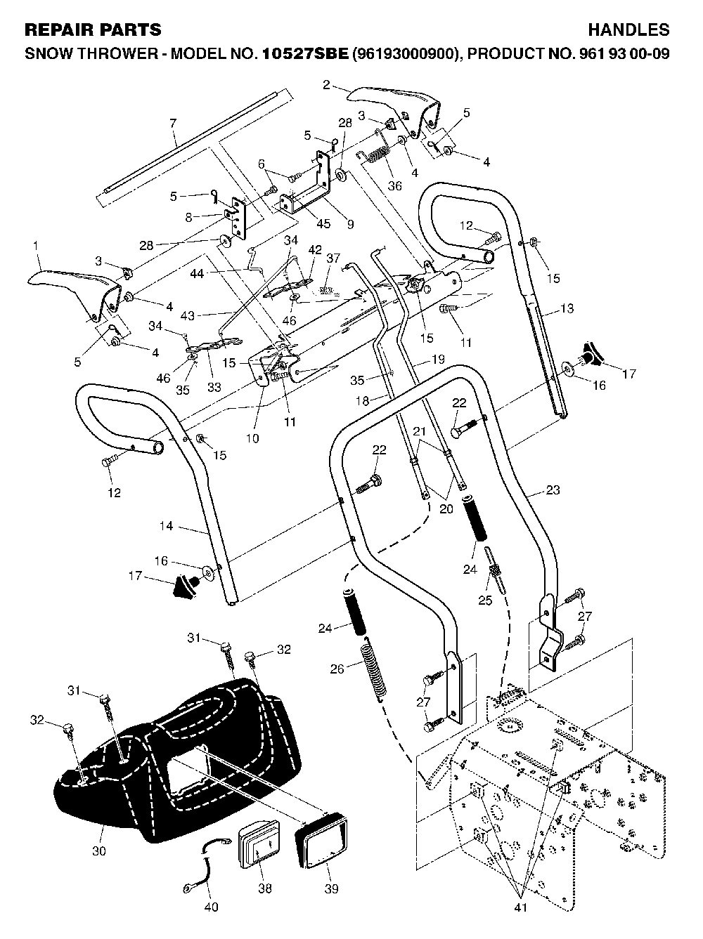 Handle And Controls Diagram and Parts List for 10527SBE (96193000900, 961930009)(2006-05) Husqvarna Snow Blower