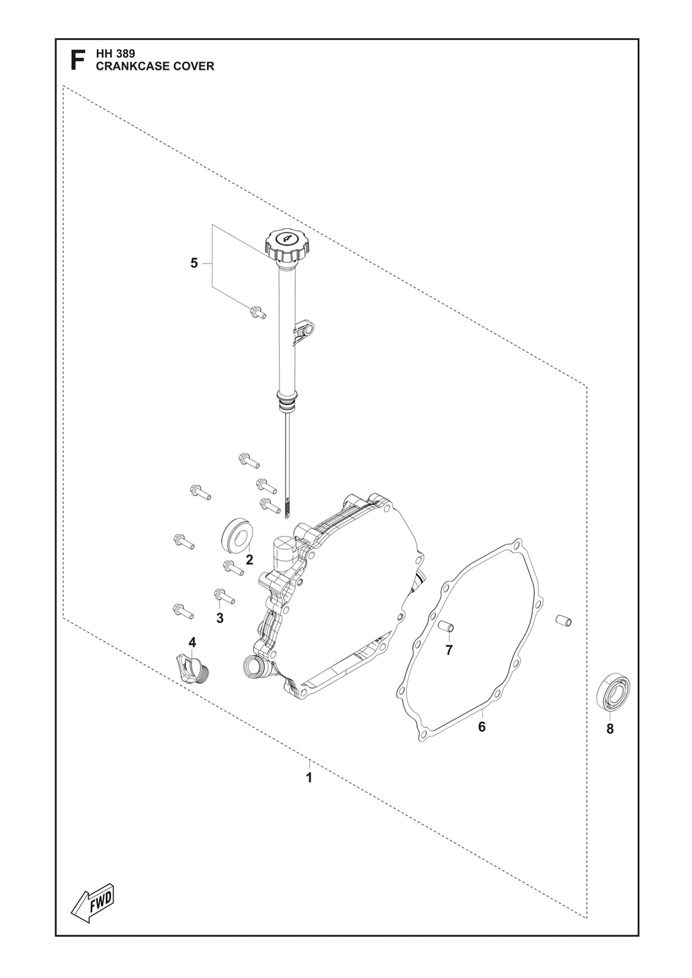 Crankcase Cover Diagram and Parts List for HH389 598609901, 598609902, 598609903 Husqvarna Engine