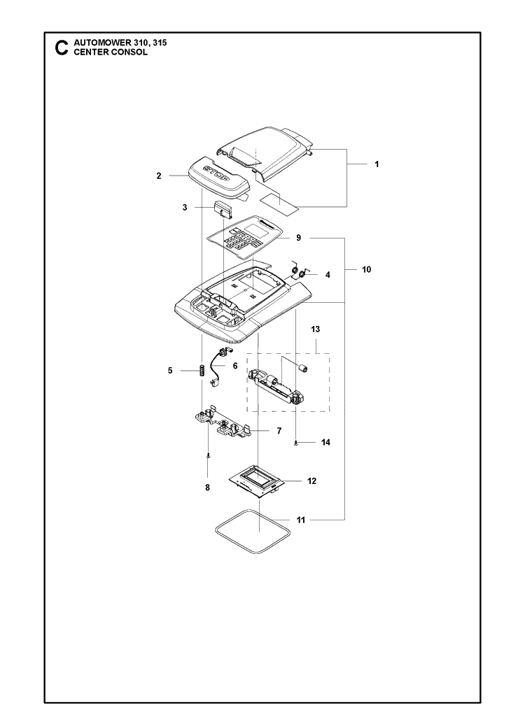 Center Consol Diagram and Parts List for 310 2020 Husqvarna Lawn Mower