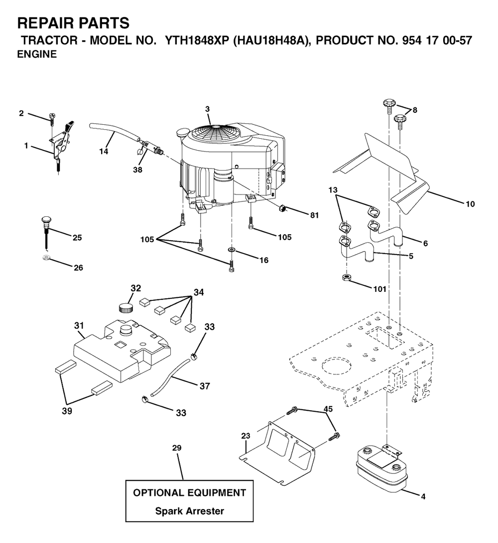 Engine Diagram and Parts List for YTH1848XP (954170057-A)(2003-01) Husqvarna Lawn Tractor