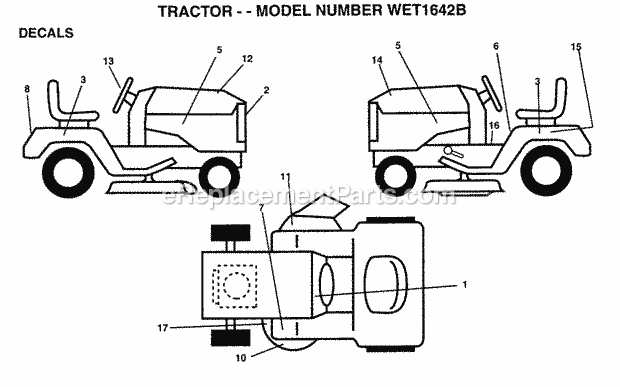 Decals Diagram and Parts List for WET1642B 1996 Husqvarna Lawn Tractor