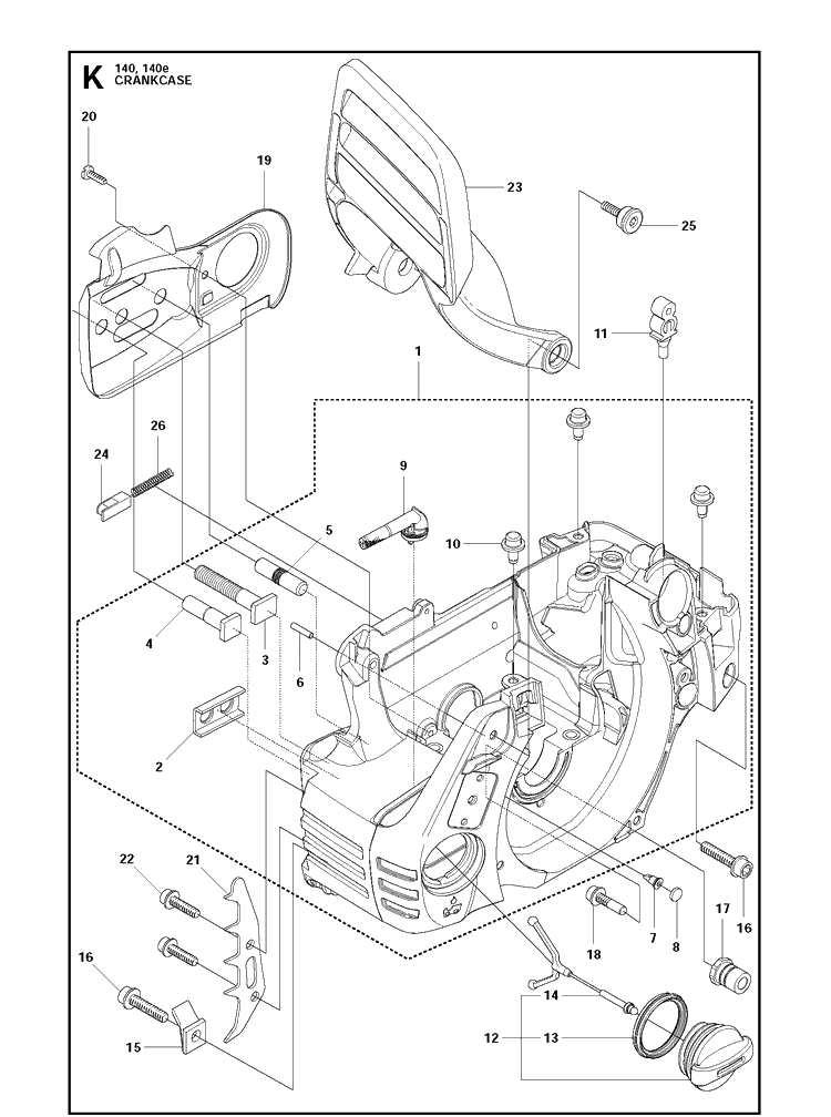 Crankcase Diagram and Parts List for 140E  Husqvarna Chainsaw