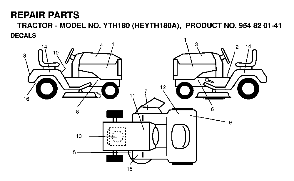 Decals Diagram and Parts List for YTH180 (HEYTH180A, 954820141)(1998-12) Husqvarna Lawn Tractor