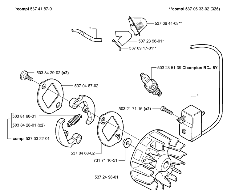 Ignition / Flywheel / Clutch Diagram and Parts List for 323L 2006-04 Husqvarna Trimmer