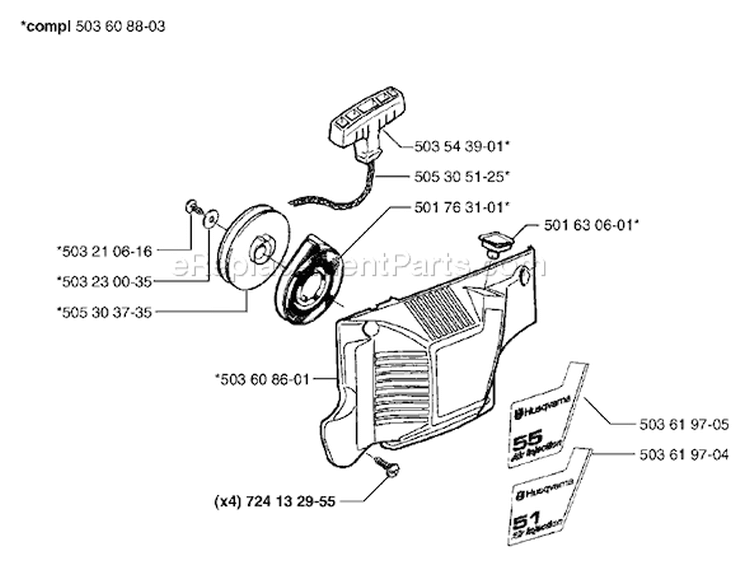 Page J Diagram and Parts List for 51 1998-06 Husqvarna Chainsaw