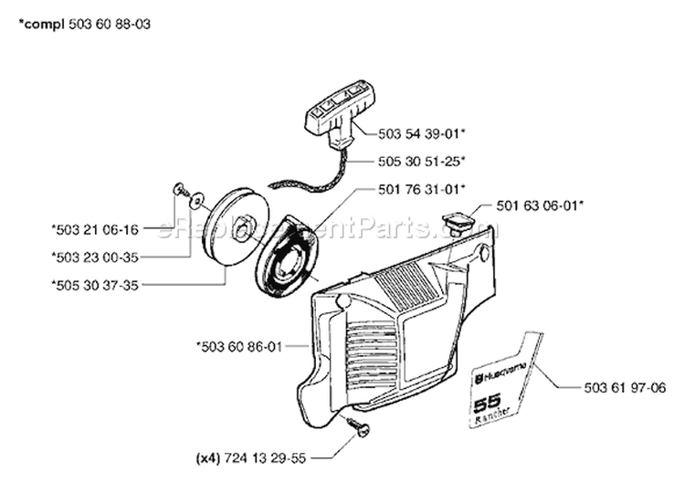 Page J Diagram and Parts List for 55RANCHEREPA 55 Rancher EPA 2000-05 Husqvarna Chainsaw
