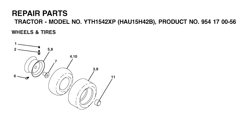 Wheels And Tires Diagram and Parts List for YTH1542XP (954170056-B)(2003-01) Husqvarna Lawn Tractor