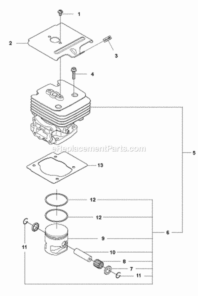 Cylinder Piston Diagram and Parts List for 560BFS 2011-10 Husqvarna Leaf Blower / Vacuum