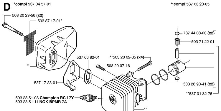 Cylinder, Piston And Muffler Diagram and Parts List for 325HS75 (X-SERIES)(20081800001-Current) Husqvarna Hedge Trimmer