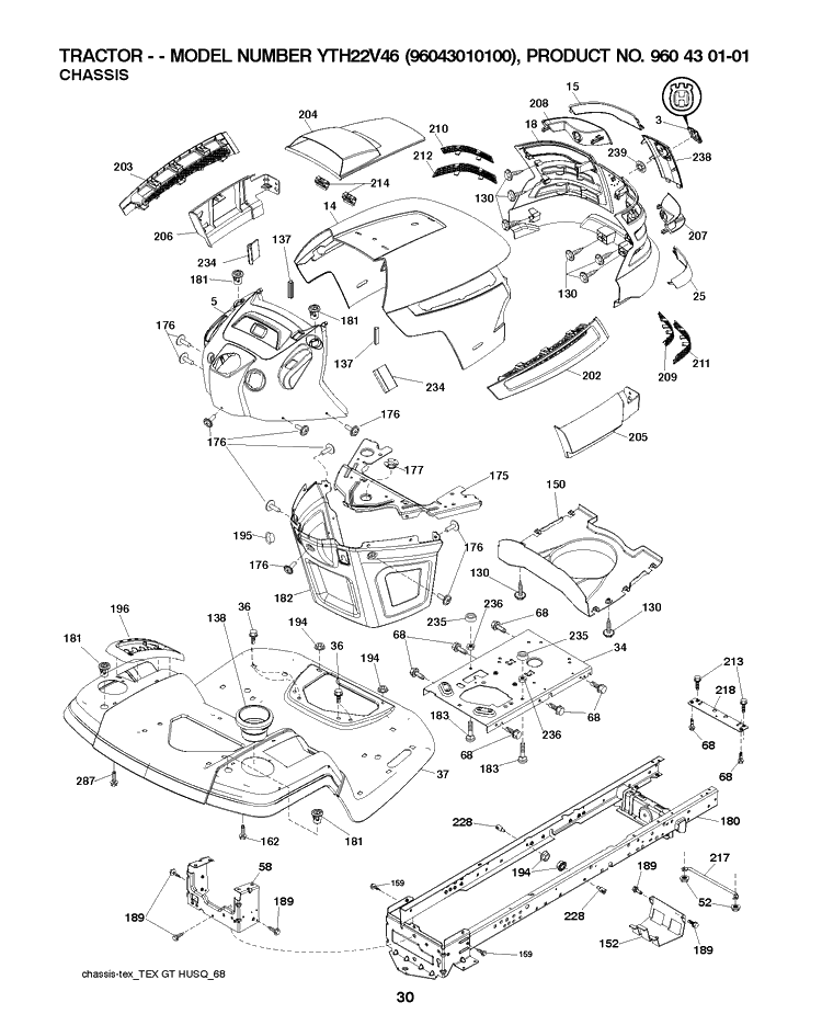 Chassis And Enclosures Diagram and Parts List for YTH22V46 (96043010100)(2009-12) Husqvarna Lawn Tractor