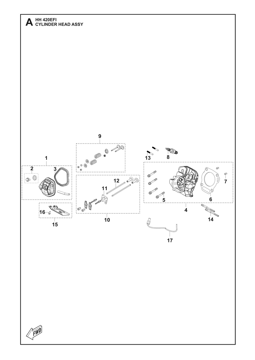 Cylinder Head Assembly Diagram and Parts List for HH420EFI 598610501, 598610502 Husqvarna Engine