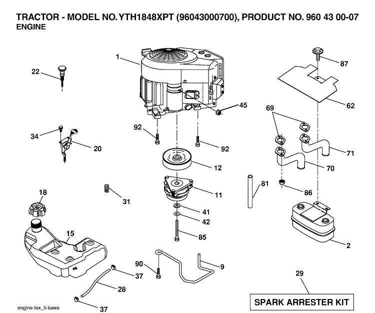 Engine Diagram and Parts List for YTH1848XP (96043000700)(2006-03) Husqvarna Lawn Tractor